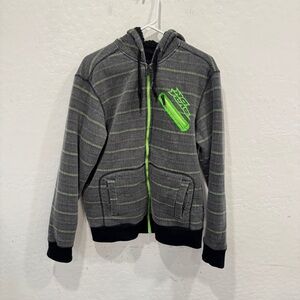 Y2K No Fear Zip Up Hoodie Sweater Mens Large Sherpa Lined Gray Green Striped Vtg